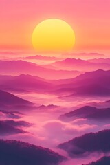 Obraz premium Vibrant sunset over misty mountain ranges, with a golden sun illuminating a sea of pink and purple clouds stretching across a dreamlike landscape.