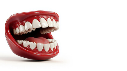 Naklejka premium Open mouth with funny denture, white teeth and red tongue, isolated on white background, copy space for your text, aspect ratio 16:9