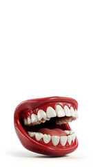 Open mouth with funny denture, white teeth and red tongue, isolated on white background, copy space for your text, aspect ratio 9:16