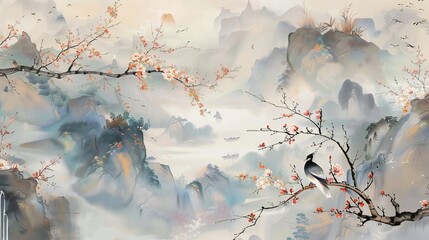  birds on a branch with mountains panorama as background. painting in chinoiseries style.