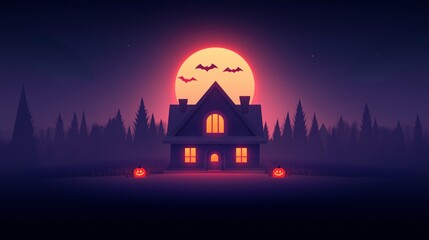 Spooky Halloween night scene with a glowing full moon and bats above a haunted house, cartoon illustration.