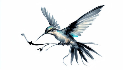 Obraz premium Ink Splash Hummingbird, Traditional Chinese Style, Fluid Brush Strokes, Ethereal Wings, Subtle Color Accents