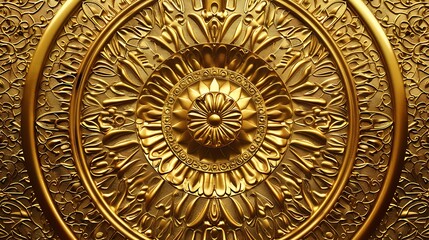 Golden ornament with intricate floral designs and a circular pattern.