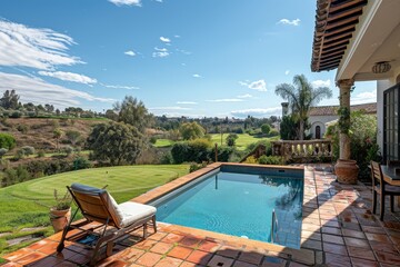 Terrace with a swimming pool, chairs, and red tile floor overlooking a golf course on a sunny day, with a wide field view from behind the house.