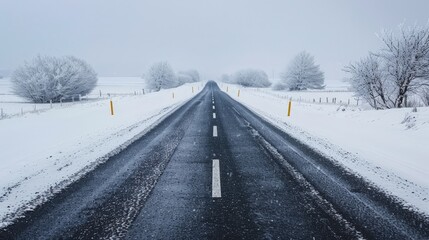 Design a straight, deserted road cutting through a snowy landscape, highlighting the stark beauty and solitude of winter.