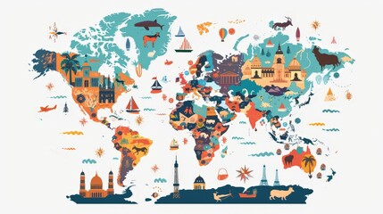 Fototapeta premium Design a world map showcasing cultural and linguistic regions, illustrating the diversity of languages and ethnic groups.