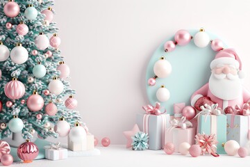 3D cartoon pastel Christmas tree with Santa and ornaments, festive holiday scene
