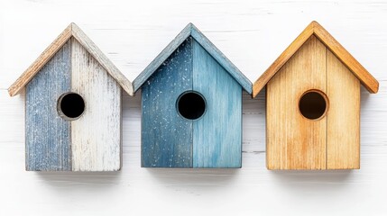Three decorative birdhouses in different colors, showcasing charming designs for garden or home decor.