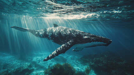 Fototapeta premium Whale Swimming in Crystal-Clear Ocean Waters, Black and White Markings, Background with Rays of Sunlight, Elegant Marine Life, Serene Underwater Scene, Detailed Whale Illustration, Vibrant Ocean