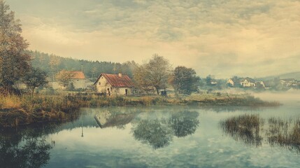 Obraz premium A serene landscape featuring a tranquil lake, quaint house, and colorful foliage reflecting on the water under a cloudy sky.