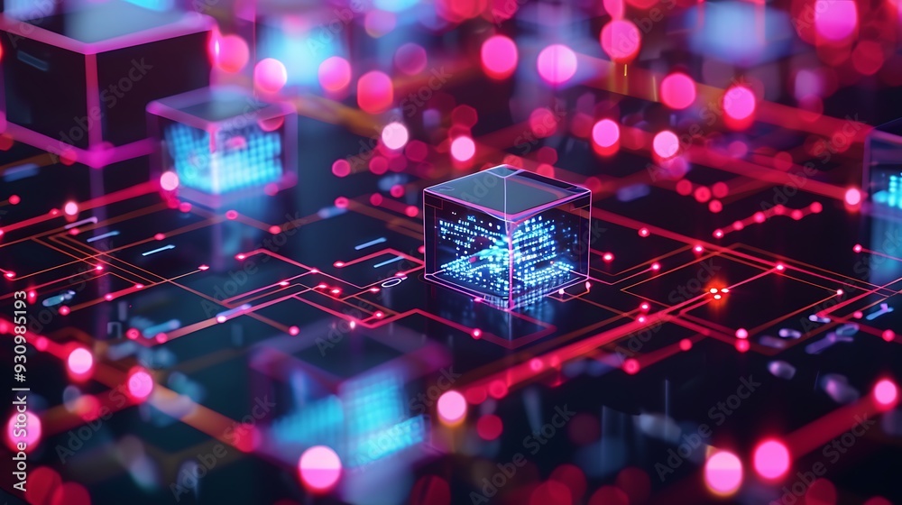 Poster abstract digital network with glowing cubes and lines, representing data flow and communication in t