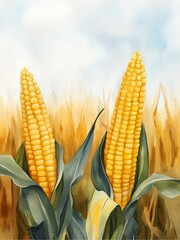 Organic Non-GMO Environment: Golden corn cobs in a field watercolor painting.
