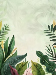 Organic Non-GMO Environment: Tropical leaves watercolor botanical background.