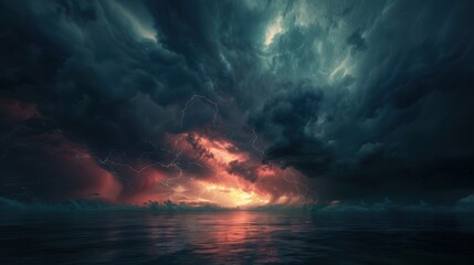 A dramatic sky background with dark storm clouds, lightning illuminating the scene, and a sense of impending weather changes, adding a dramatic and powerful element to the visual