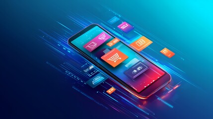 Fototapeta premium A smartphone with colorful icons representing online shopping and mobile payments flying around it.