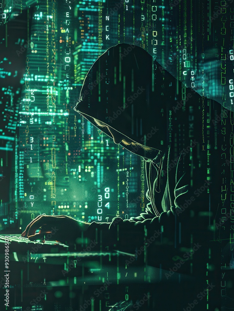 Aufkleber A hacker in a hoodie intensely types on a keyboard, illuminated by the bright green code cascading on the large screen in front of them. Generative AI
