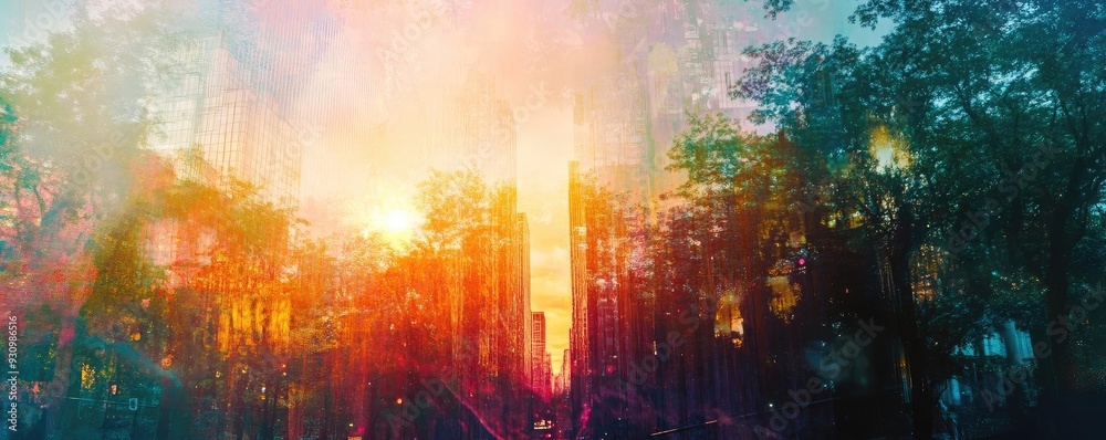Poster a dreamy forest scene at sunset, infused with vibrant colors and soft light, creating a magical atmo