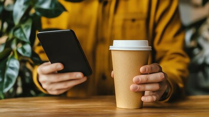 Young professional paying for a coffee with a digital wallet, depicting everyday use of modern finance, Wallet coffee payment, Daily digital finance