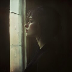 A woman stands in a dimly lit room her gaze transfixed on the world beyond the window  The dramatic interplay of light and shadow casts a pensive vintage inspired mood