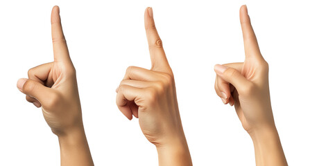 Hand pointing up with index finger, isolated on a white background. Ideal for concepts of touch, selection, and pressing. Right hand, close up view, showing gesture and