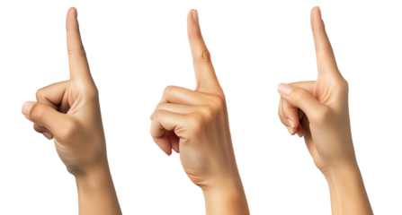 Hand pointing up with index finger, isolated on a white background. Ideal for concepts of touch, selection, and pressing. Right hand, close up view, showing gesture and