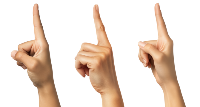 Hand pointing up with index finger, isolated on a white background. Ideal for concepts of touch, selection, and pressing. Right hand, close up view, showing gesture and