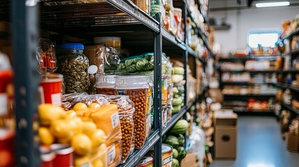 Well-Stocked Food Bank Shelves. Helping Those in Need concept