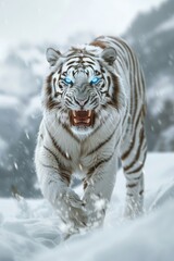 Fototapeta premium From an extreme low angle, a white tiger with glowing blue eyes and white fur is captured roaring fiercely in the snowy mountains, creating a striking fantasy photo.