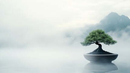 A serene bonsai tree sits majestically in a misty atmosphere, symbolizing tranquility and nature's elegance in a minimalist setting.