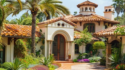 Fototapeta premium Generate a photo of a Mediterranean villa exterior with terracotta roofs, arched doorways, and vibrant landscaping, highlighting warm and inviting aesthetics.