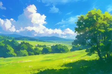 Obraz premium Vibrant green meadow with large tree and hills in the distance, under a blue sky with white clouds. Nature landscape painting.