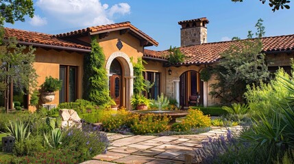 Obraz premium Generate a photo of a Mediterranean villa exterior with terracotta roofs, arched doorways, and vibrant landscaping, highlighting warm and inviting aesthetics.