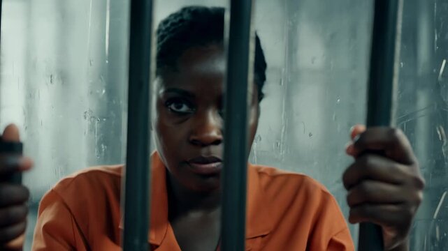 An African American female prisoner in an orange uniform against a background of metal bars looks at the camera. The criminal serves his sentence in a prison cell. FHD video.