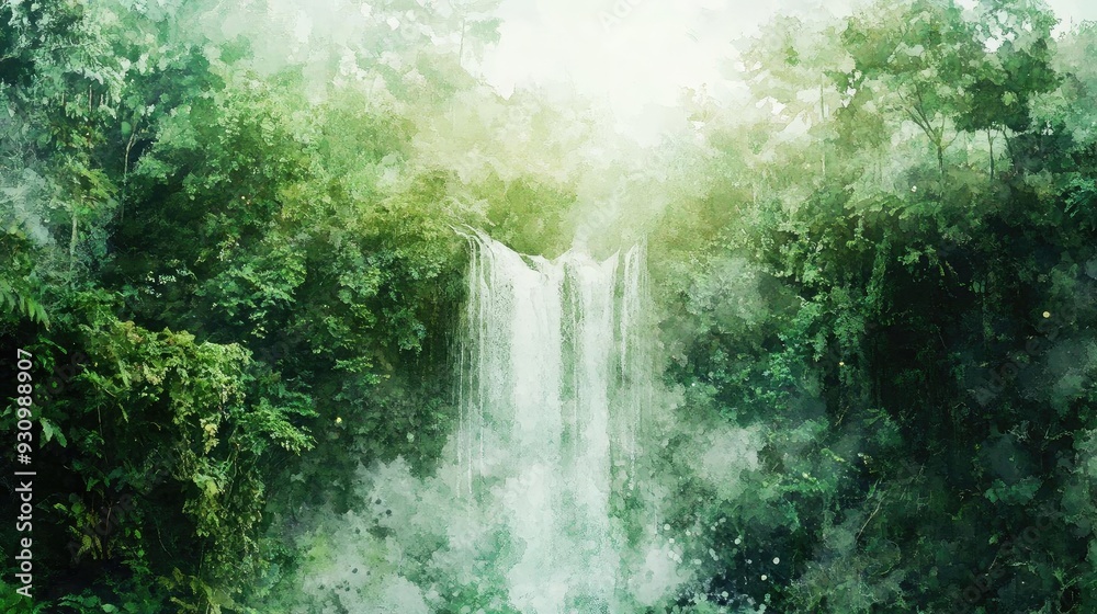 Aufkleber serene waterfall cascading through lush greenery, enveloped in mist, creating a peaceful and tranqui