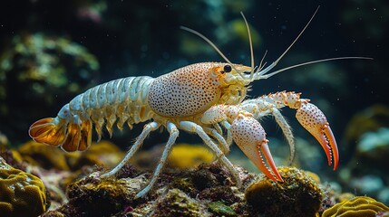 Detailed Close-Up of a White Lobster in an Underwater Habitat Surrounded by Marine Life

