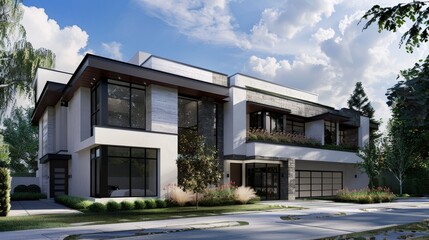 Generate an image of an urban townhouse exterior with a sleek facade, rooftop garden, and modern design elements, highlighting city living at its best.