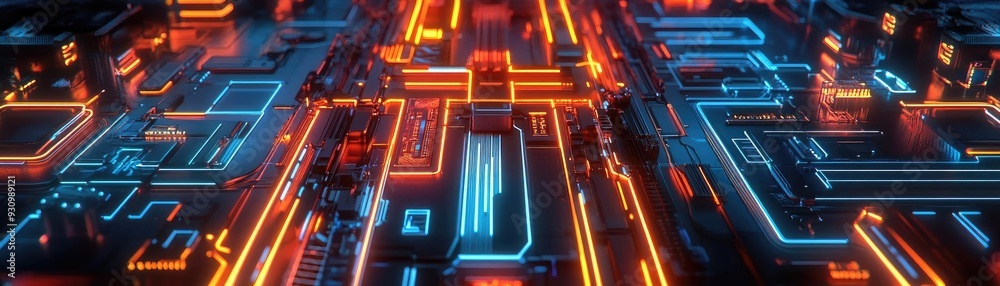 Poster futuristic circuit board design with vibrant neon lights highlighting intricate pathways and connect