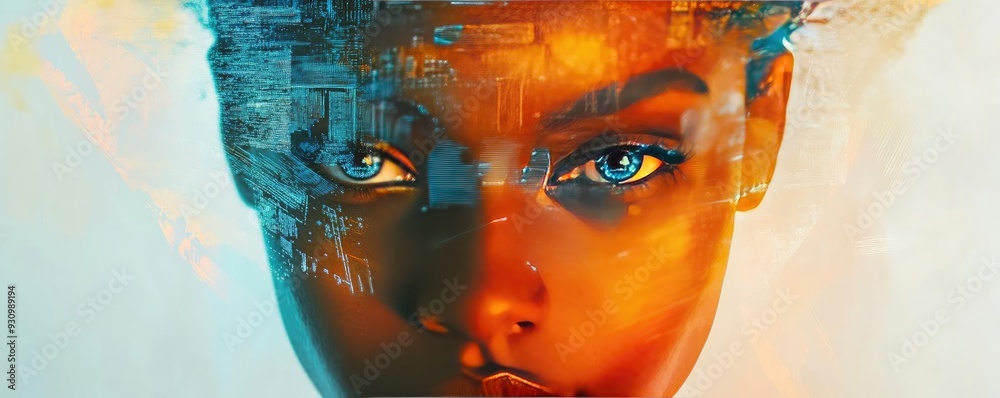 Poster a vibrant portrait of a woman with striking eyes, blending digital art and technology to create a ca
