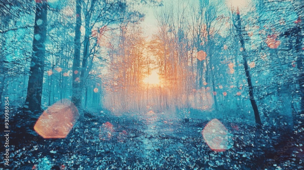 Aufkleber a serene forest scene illuminated by soft light, featuring mist and vibrant colors that evoke peace 