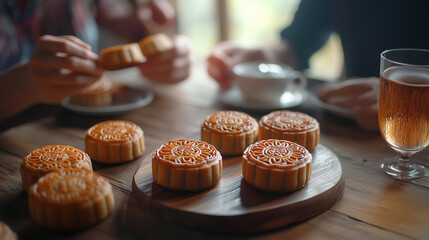 Hands of people eating tasty round moon cakes at mid autumn festival, Moon cake Mooncake table setting - Round shaped Chinese traditional pastry with tea cups on wooden background, Mid-Autumn Festival