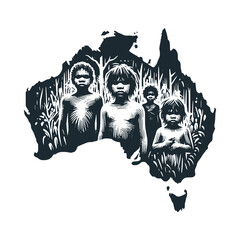 The native Australia kids. Black white vector illustration. 