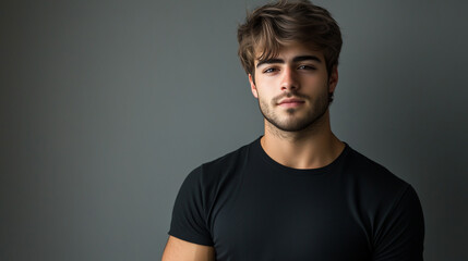 Fototapeta premium Clean Background Portrait of a Young Man in a Black T-Shirt, Ideal for Trendy Fashion Advertisements 