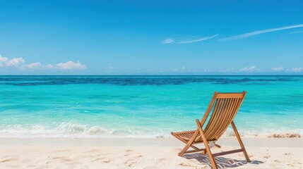 Obraz premium A tropical beach with turquoise waters, and a lounge chair facing the horizon, summer sea, relaxation, beach vibes