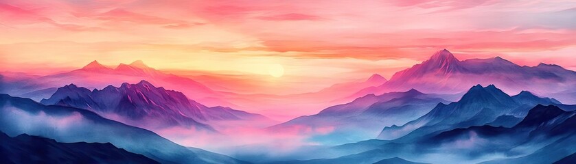 Obraz premium Stunning mountain landscape at sunset, featuring vibrant colors and misty valleys, perfect for nature-inspired designs.