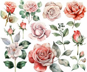 A Bouquet of Vintage Romance: Blush and Crimson Watercolor Roses
