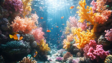 Fototapeta premium Vibrant Coral Reef with Colorful Fish and Sunbeams