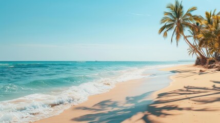 Sandy beach with gentle waves under a bright summer sun, palm trees swaying in the breeze, summer sea, relaxation, tropical vibes