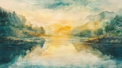 Fototapeta premium A serene watercolor landscape depicting mountains and a tranquil lake during sunrise, reflecting vibrant colors and peaceful nature.