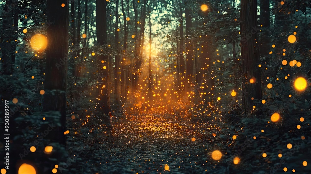 Poster a magical forest scene illuminated by glowing particles, casting a warm ambient light through the tr