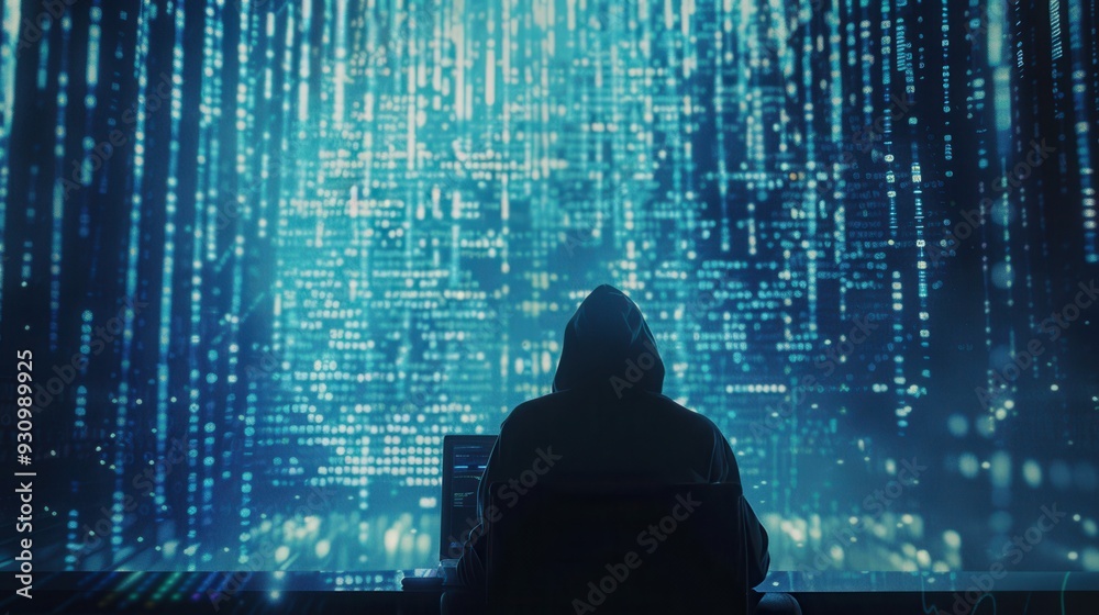 Aufkleber a silhouette of a hacker wearing a hoodie is focused on a computer, with a large screen showing stre